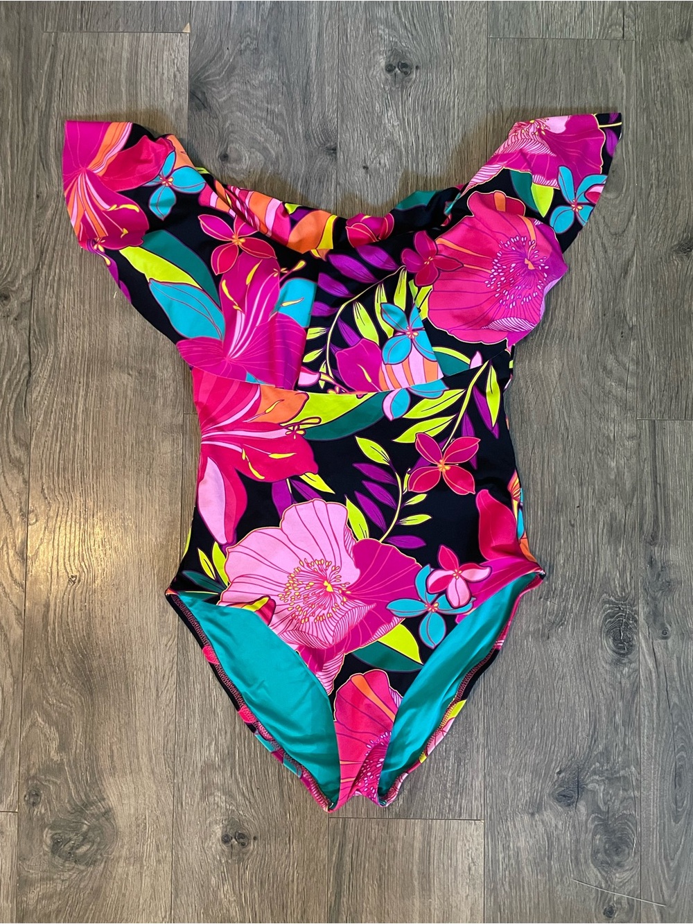 Trina Turk Black One-Piece Swim with Bright Pink Floral Print